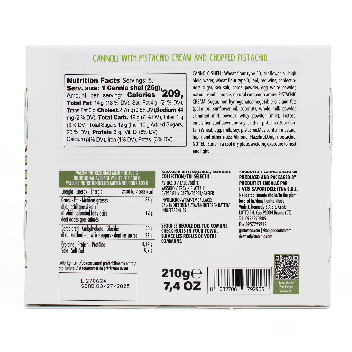 Gusto Etna, Sicilian 8 pcs Cannoli filled with Pistachio Cream Gift Box