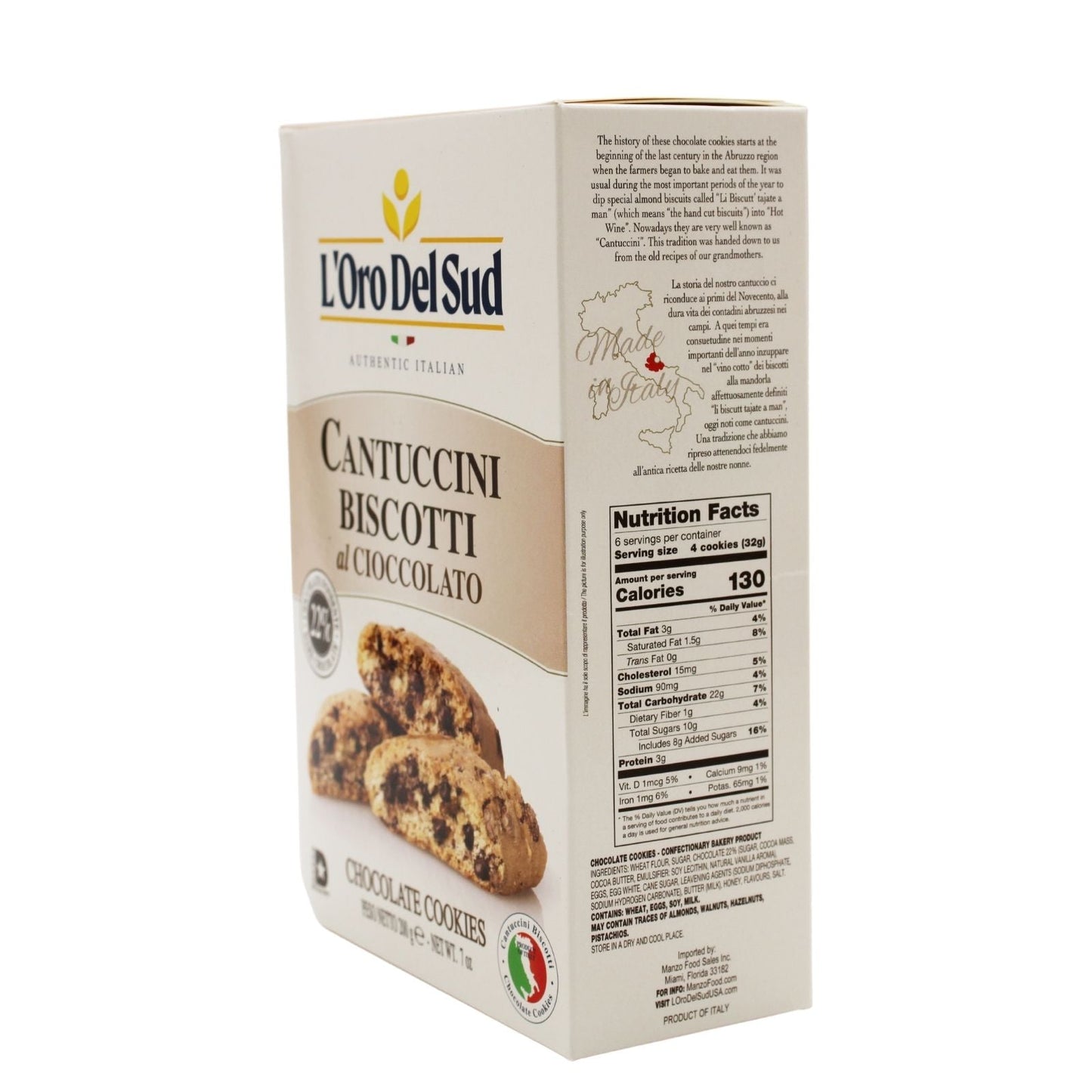 L'Oro Del Sud Cantuccini Biscotti with Chocolate – Authentic Italian Almond Cookies, 6.35 oz